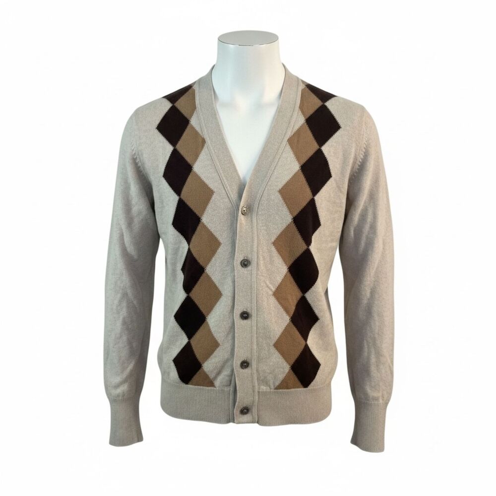 Vintage St Michael 100% Cashmere Argyle Cardigan Sweater Beige Brown 40 M